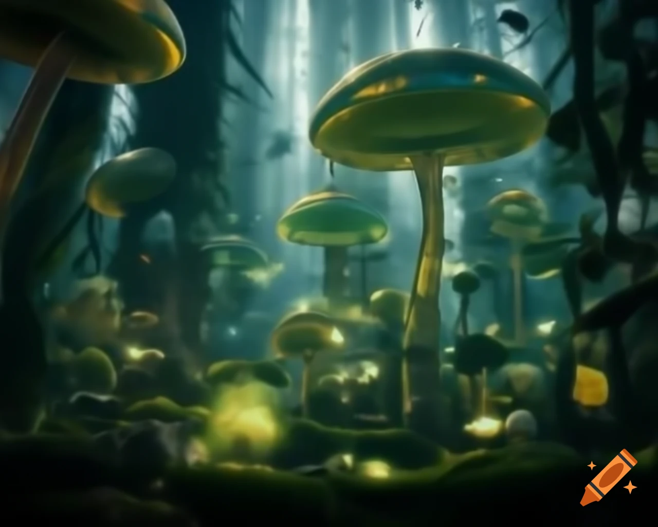 Surreal biopunk forest with glowing trees merging nature and technology