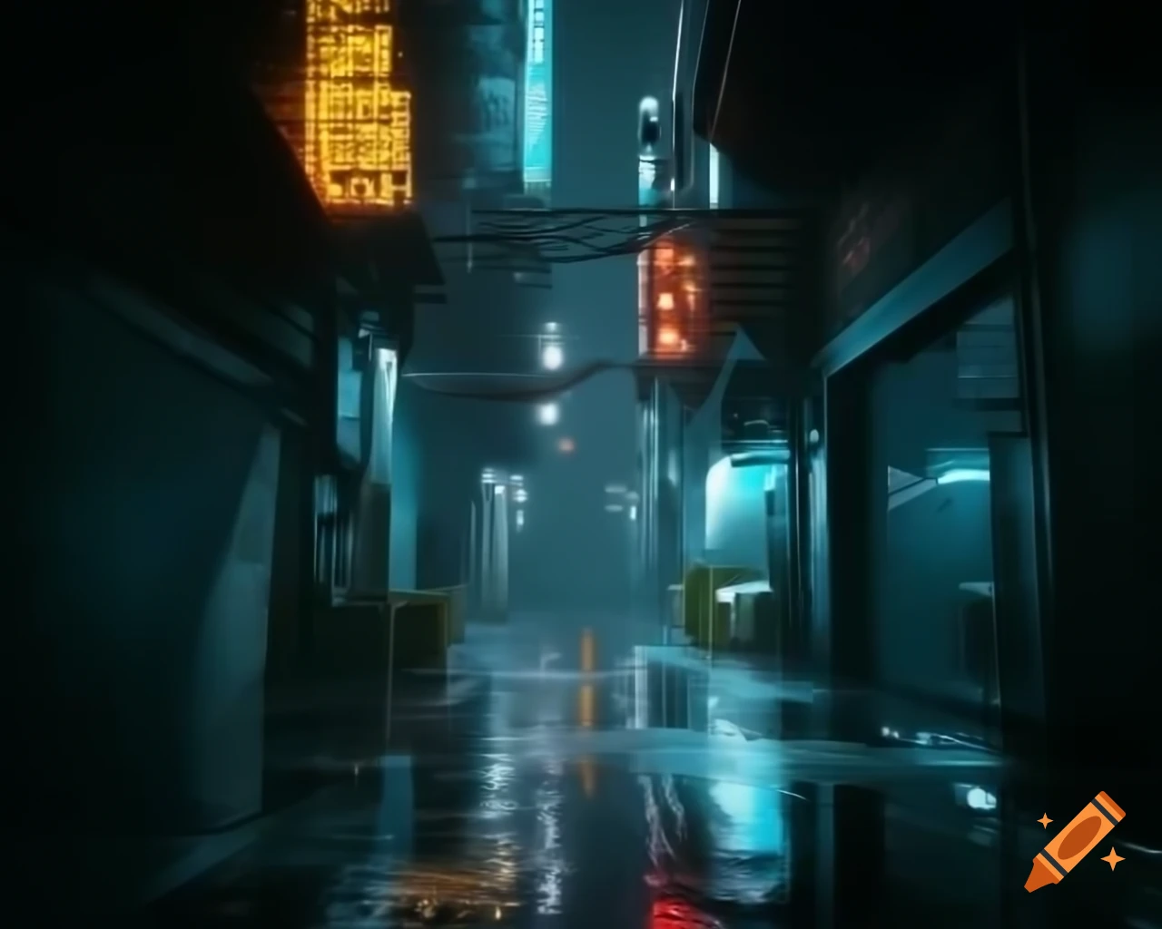 Rain-soaked Cyberpunk alleyway with neon lights reflecting on wet surfaces