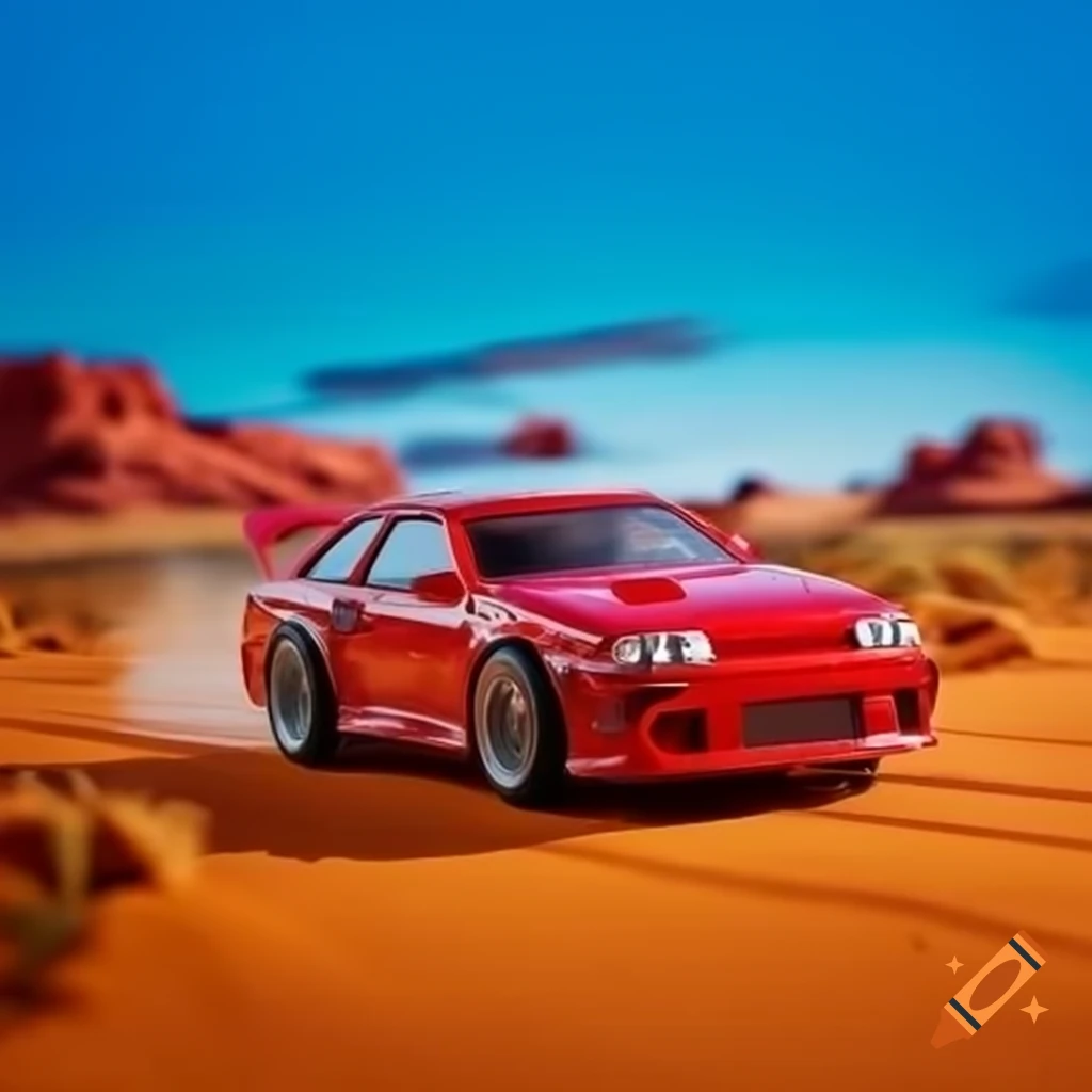 Toy red M3 E36 driving through desert against blue sky