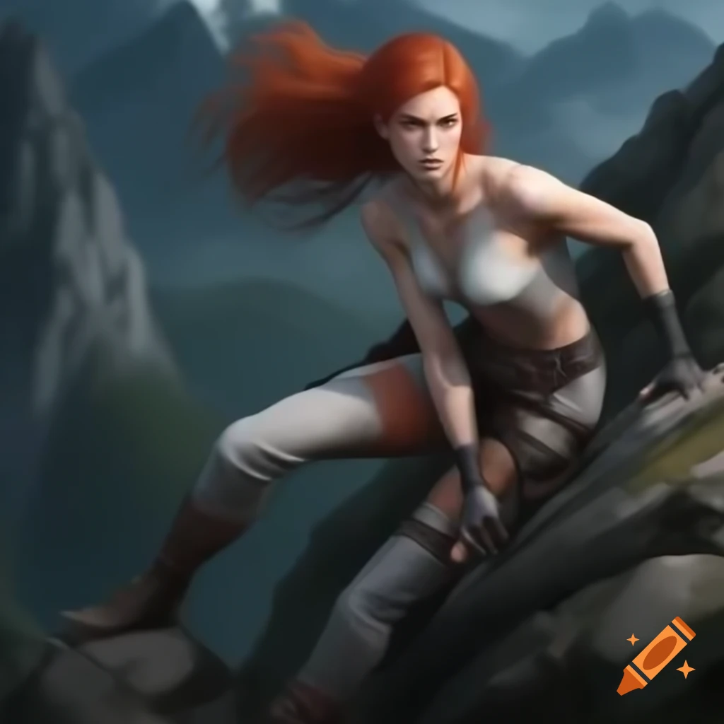 White woman with red hair climbing rugged mountain in wild nature