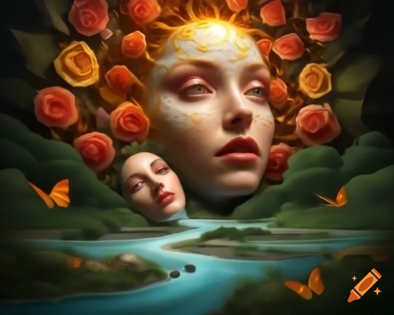 Hyper realistic portrayal of a beautiful woman with flowing golden hair in a dreamlike setting