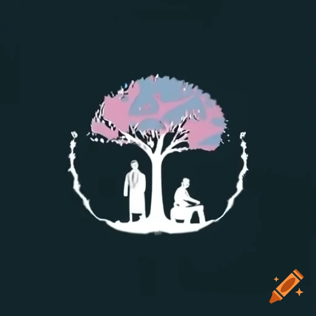 Elegant logo design featuring cherry tree and old man sitting beneath, in pastel colors