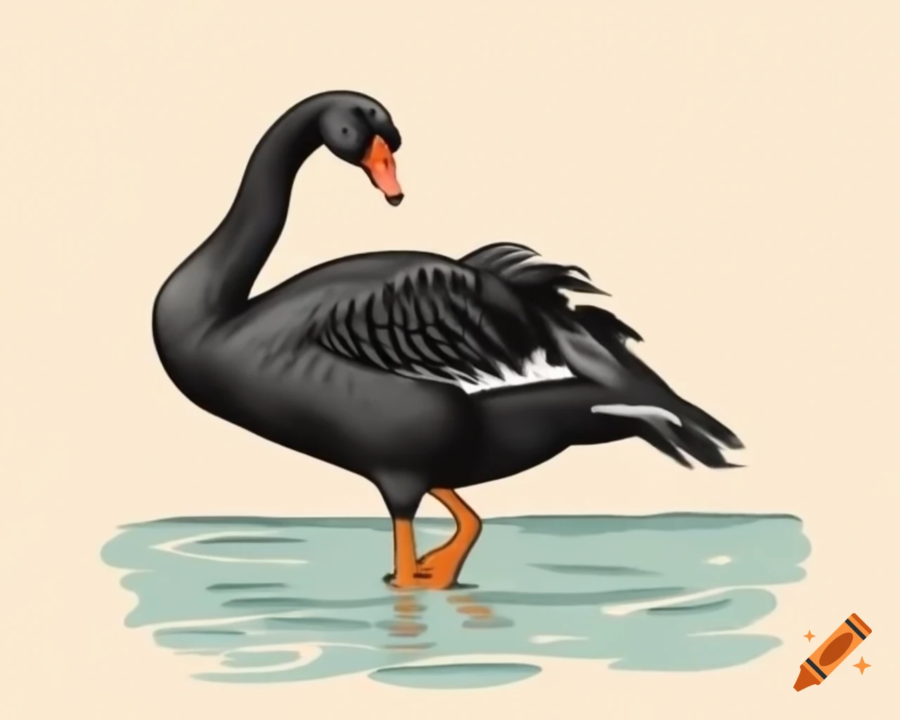 Black swan with orange beak wading, styled like Albert Namatjira