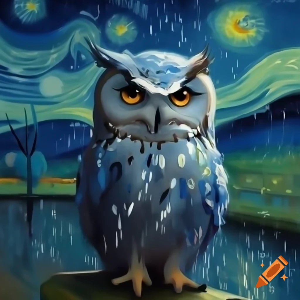 Wet grumpy owl in rain, Van Gogh style strokes