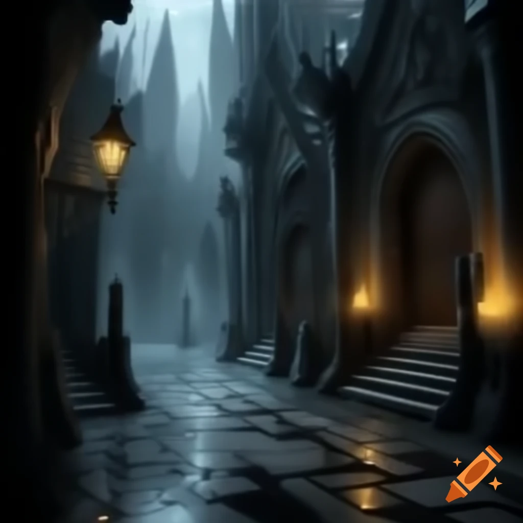 Obsidian City at twilight with jagged skyscrapers and narrow alleyways
