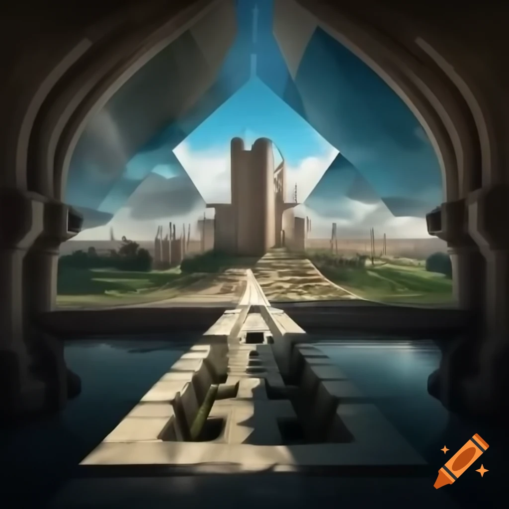 Medieval landscape blending historical elements with constructivist abstraction, low angle view