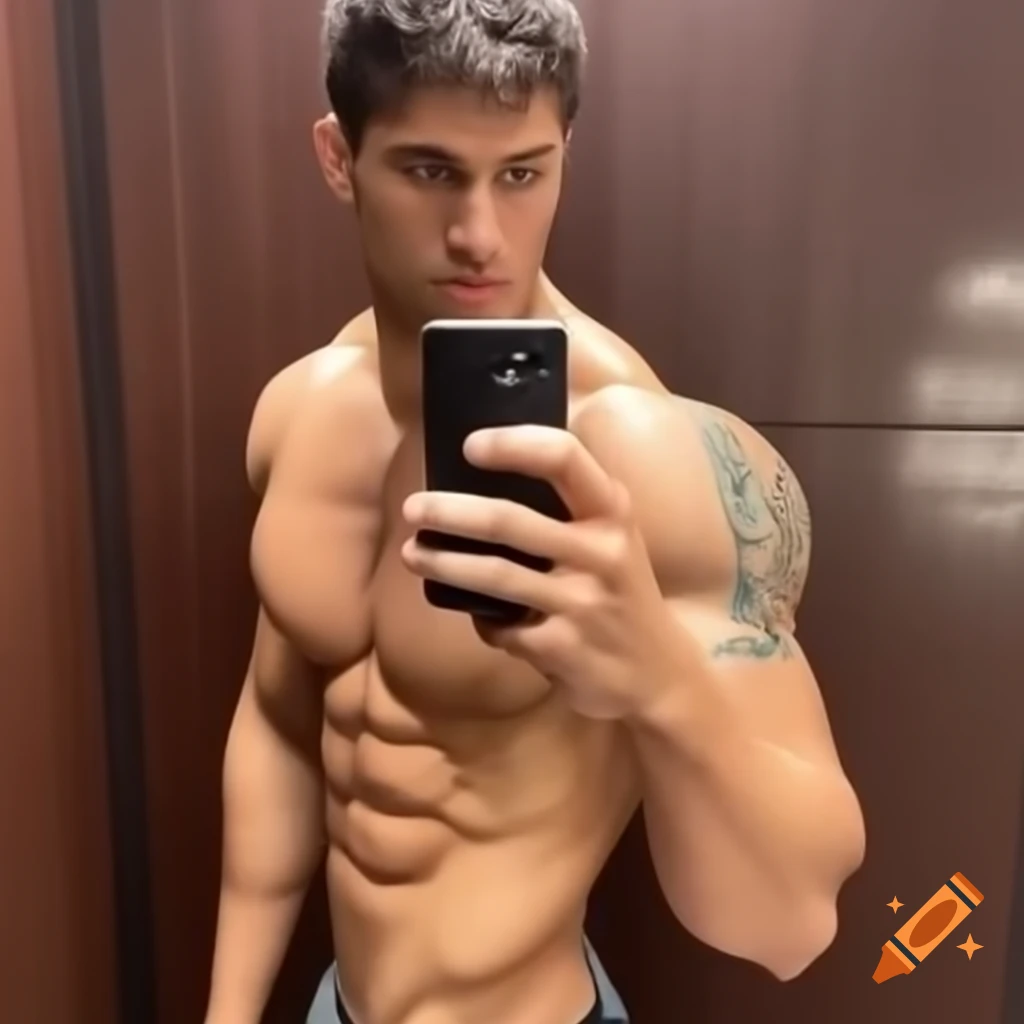 Rugged man taking mirror selfie, showcasing strong physique and confident expression