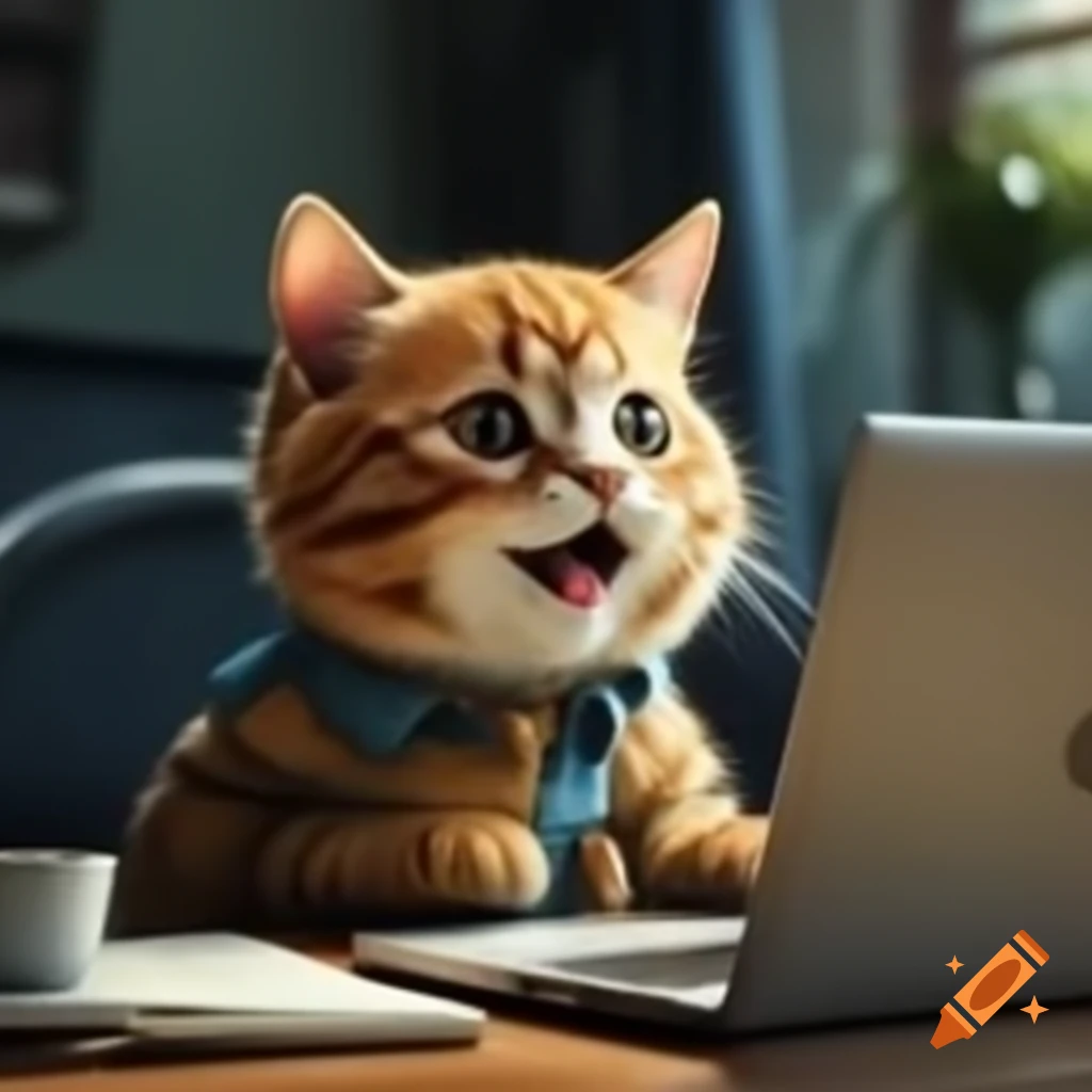 Happy cat using laptop