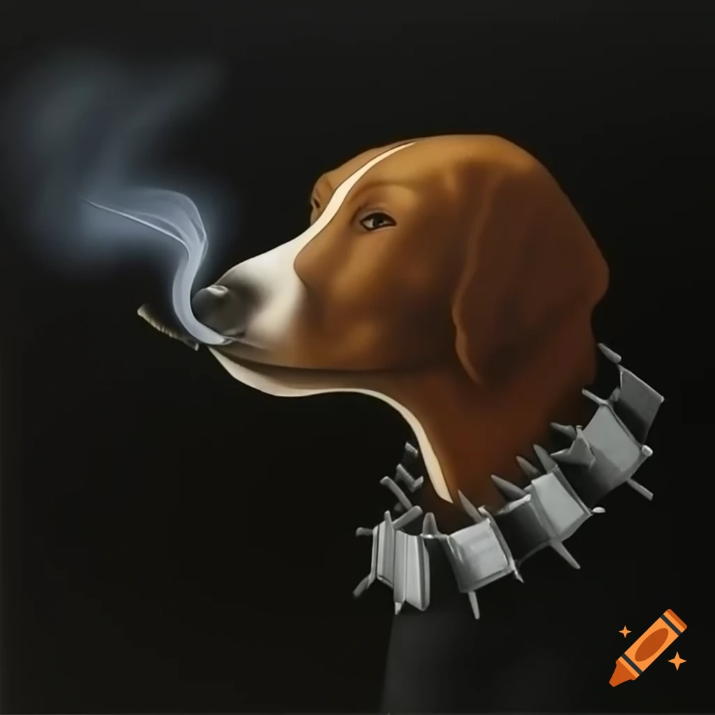 Surreal dog with spiked collar and smoking, imaginative style