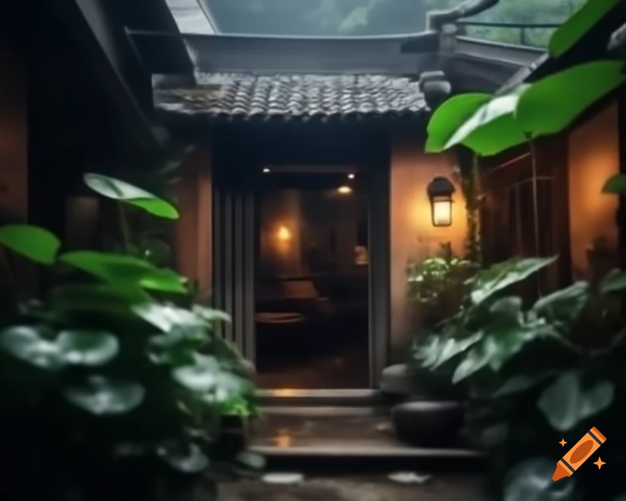 Cozy interior of a Vietnamese old house with rain outside