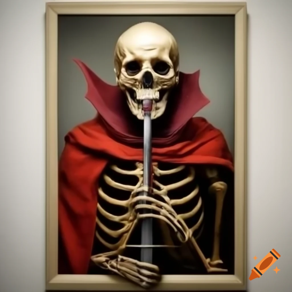 Skeleton with detailed sword and red tattered cape on white background