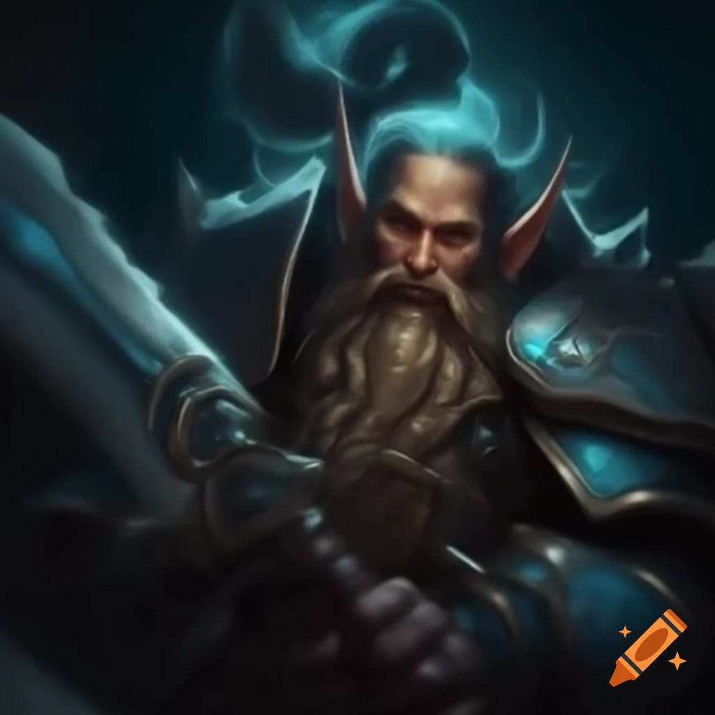 Dwarf paladin in shimmering armor ascending mountain towards stars