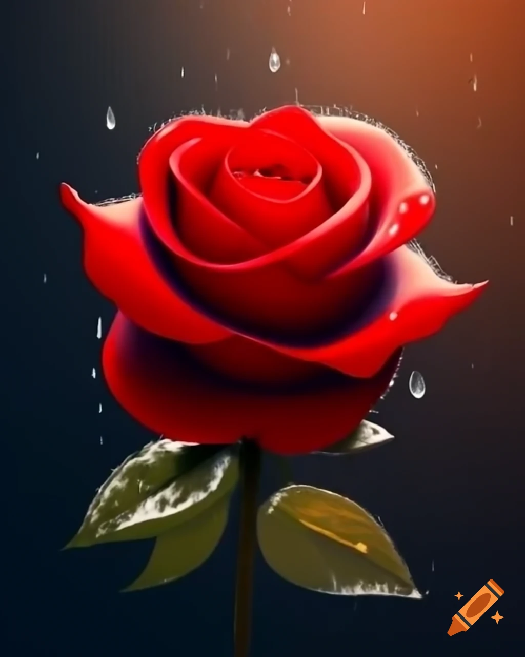 Blooming red rose in morning light with dew