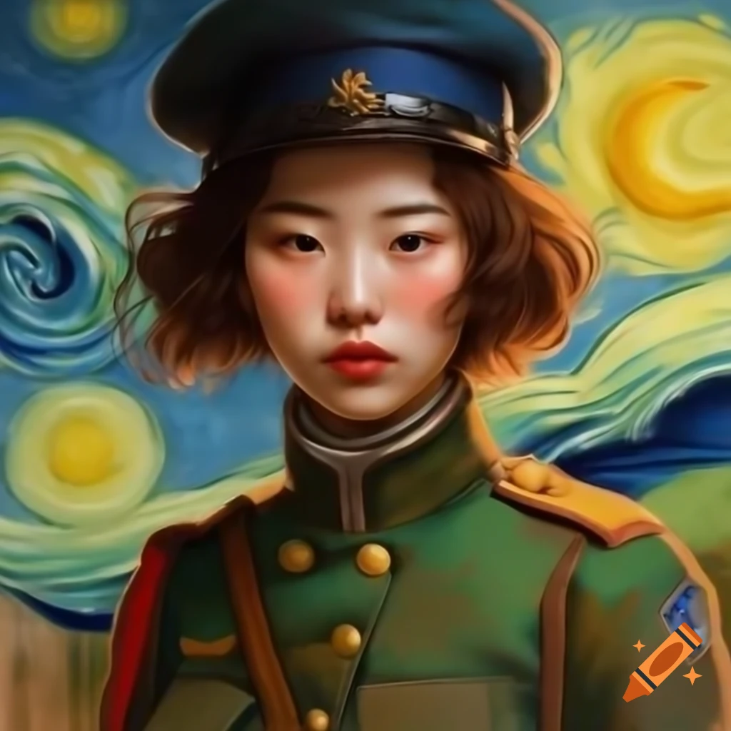 Portrait of korean woman in military uniform animated style with