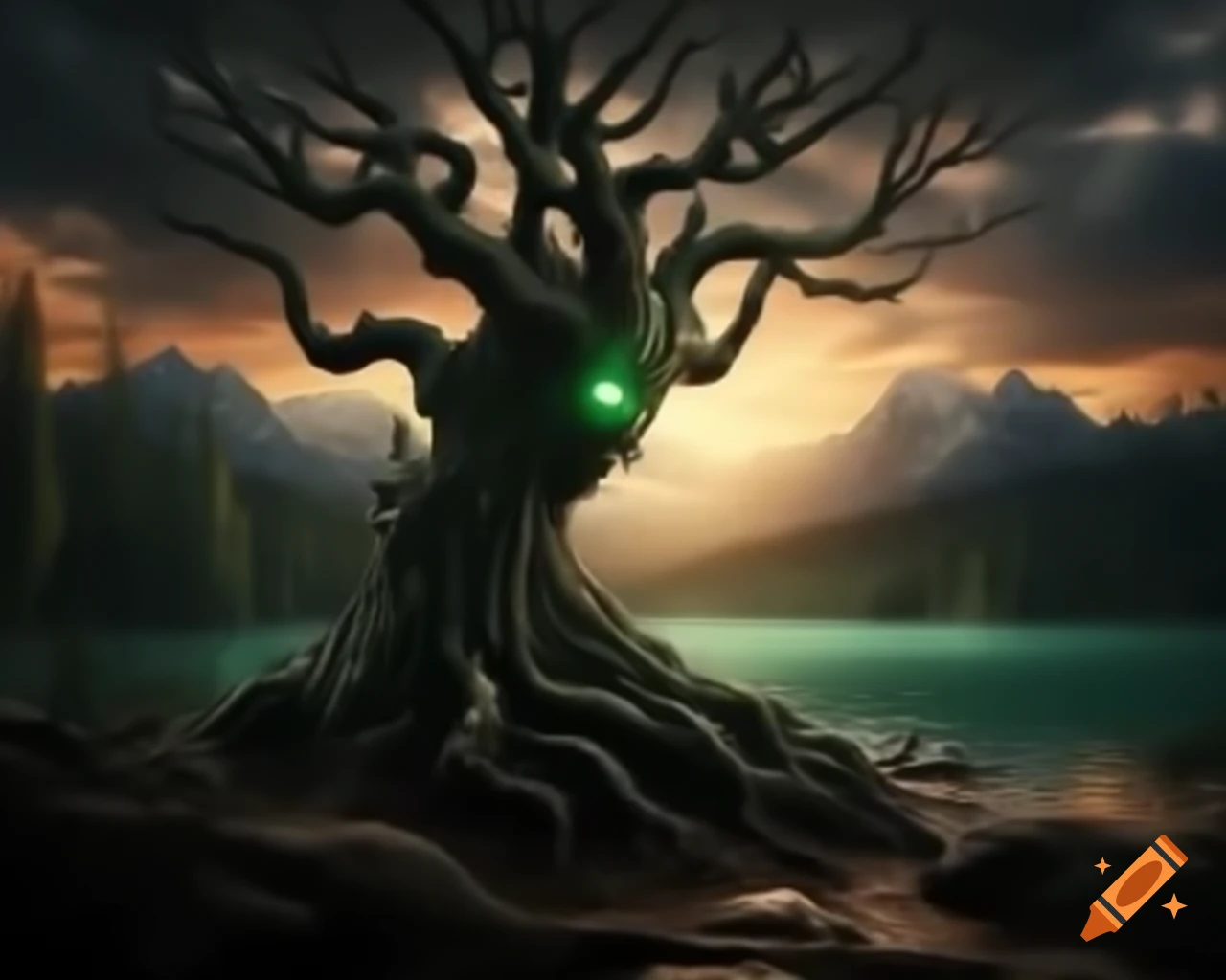 Dark fantasy tree monster in forest near mountain lake