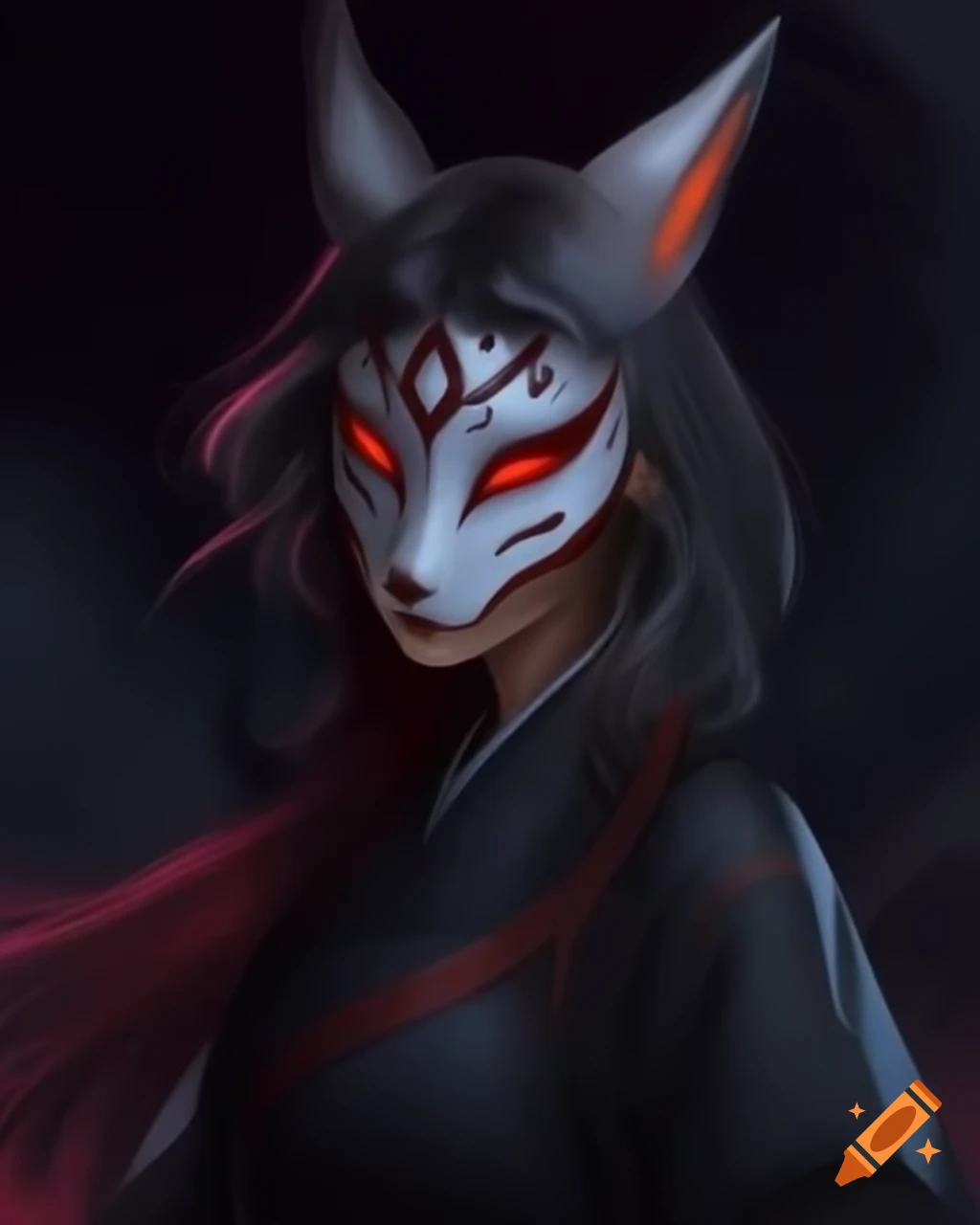 Asian woman in kitsune mask with dark fantasy theme