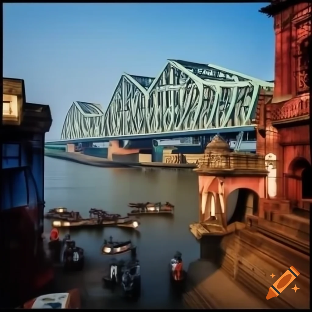 Vibrant mural of Howrah Bridge with historical art elements