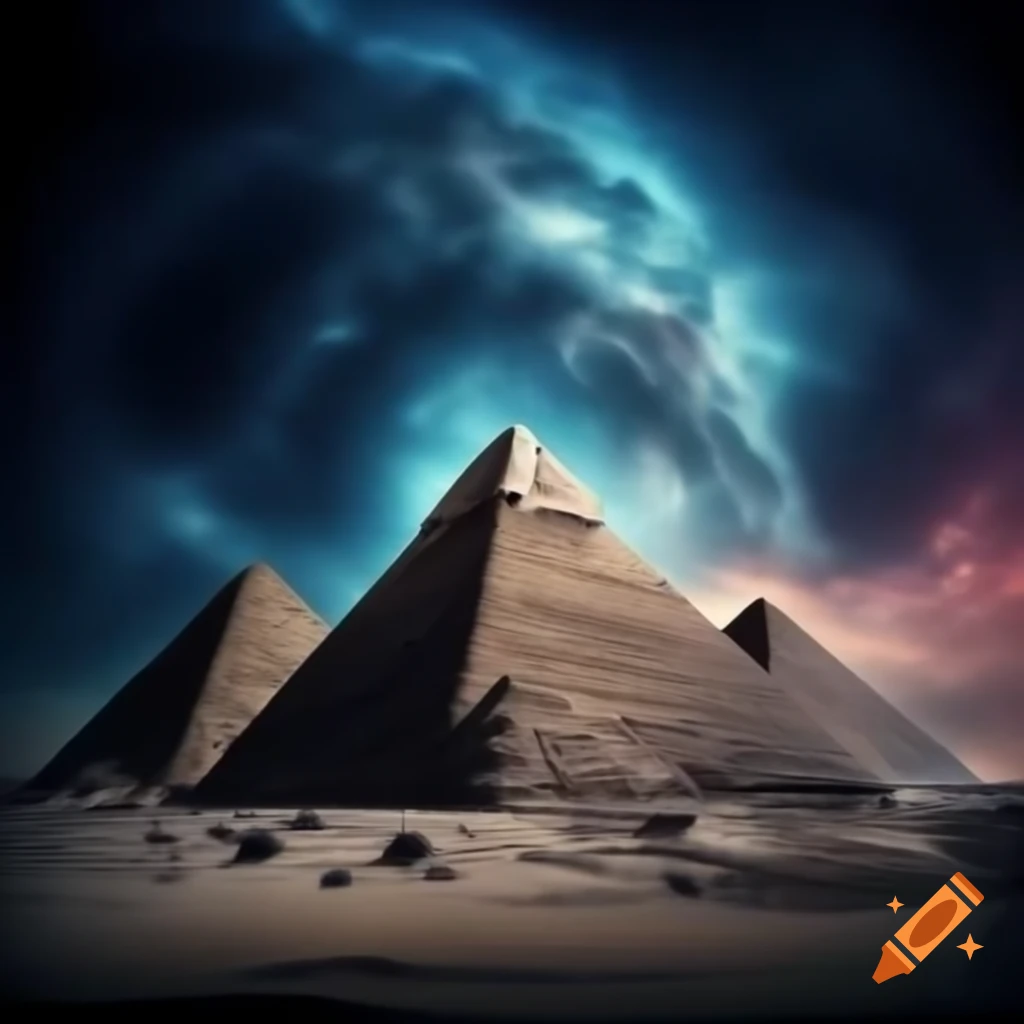 Breathtaking view of Great Pyramids of Giza under vibrant starry night sky