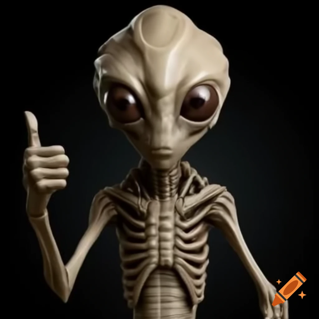 Hyper-realistic alien giving thumbs up gesture