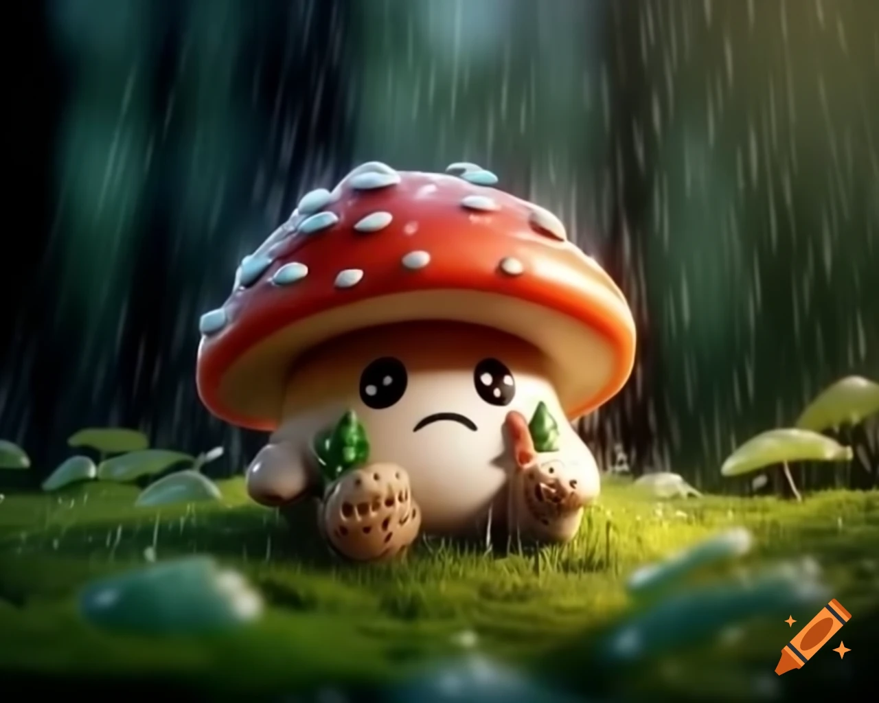 Kawaii mushroom creature in a rainy forest, hyper realistic cinematic style