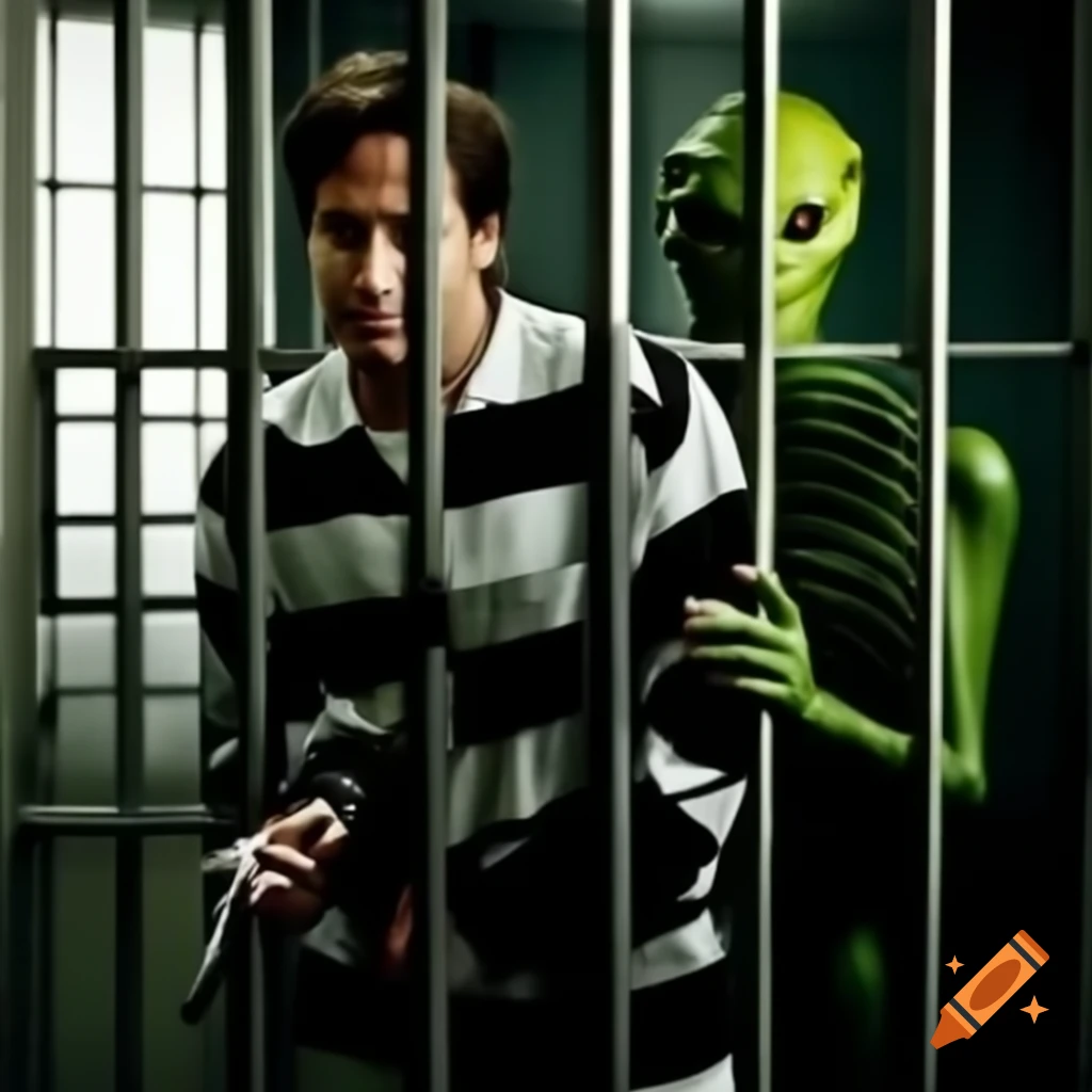 Scene featuring David Duchovny in prison stripes with an alien aiming a pistol