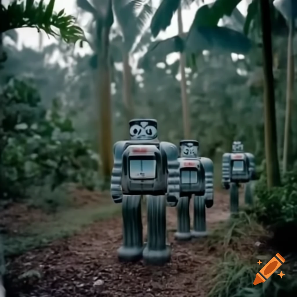 Robots in Vietnam War jungle during 1960s