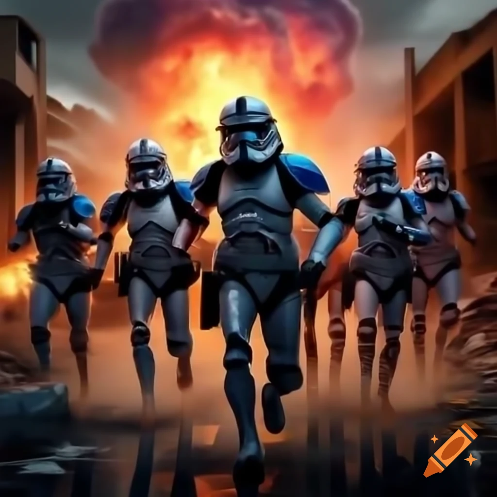 Stormtroopers running in panic during a colorful explosion on a destroyed street