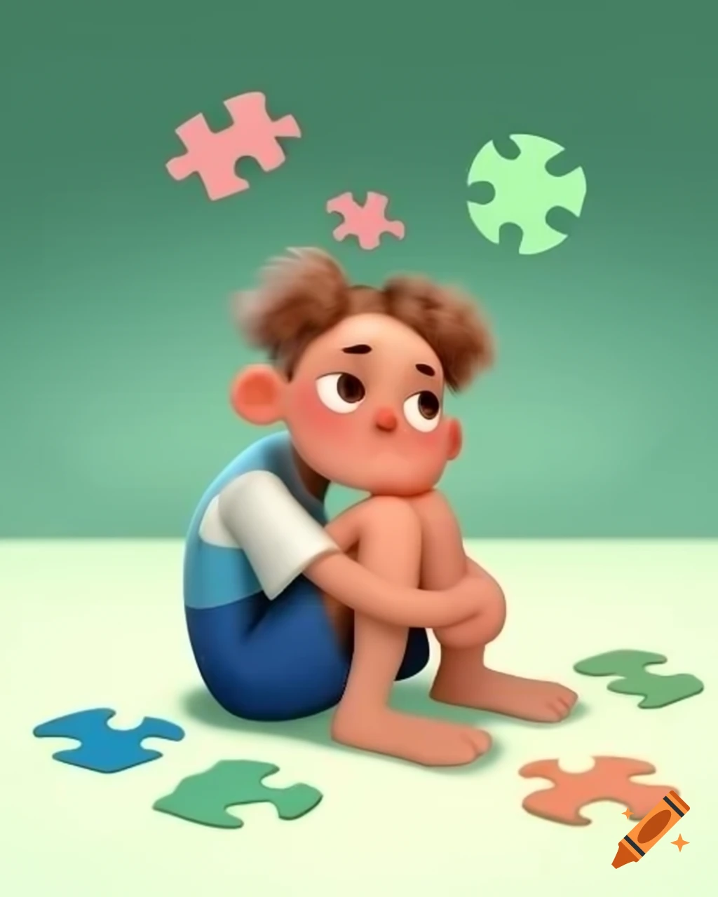 Cartoon child sitting with floating colorful puzzle pieces above their head