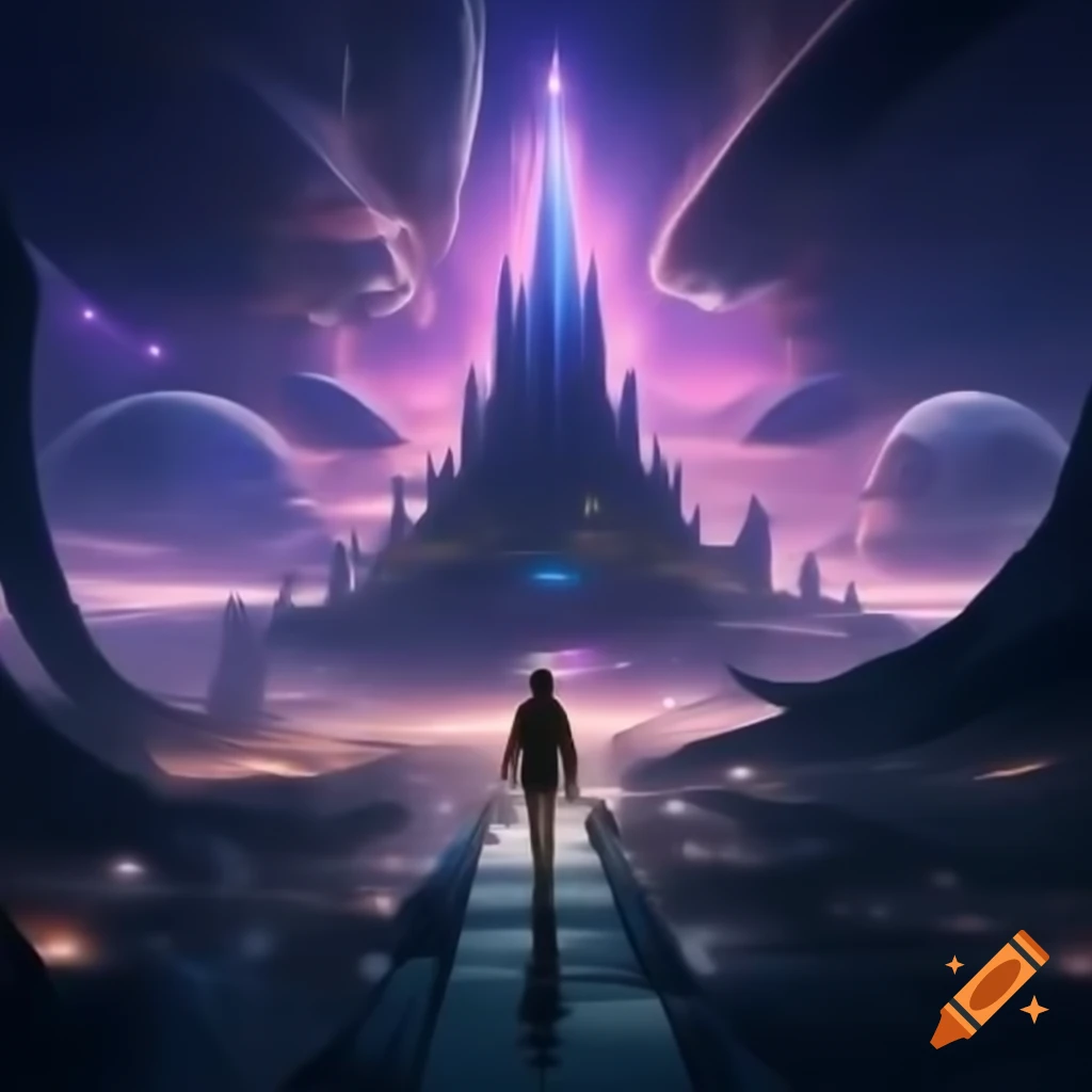 Futuristic alien city with glass spires under amethyst sky
