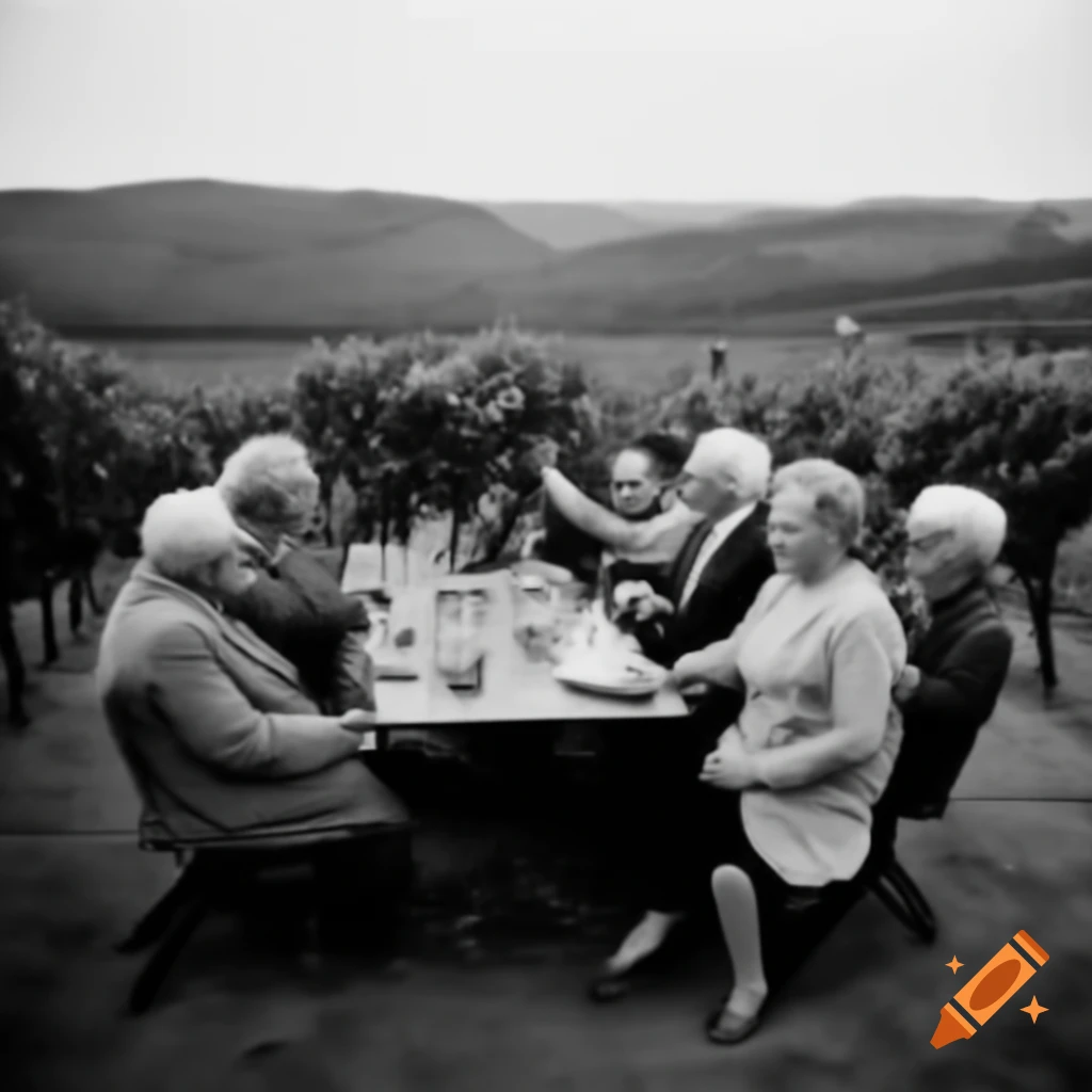 Elderly people enjoying drinks in a vineyard