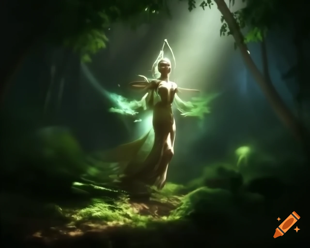 Powerful goddess of the wild in lush forest from ancient legends