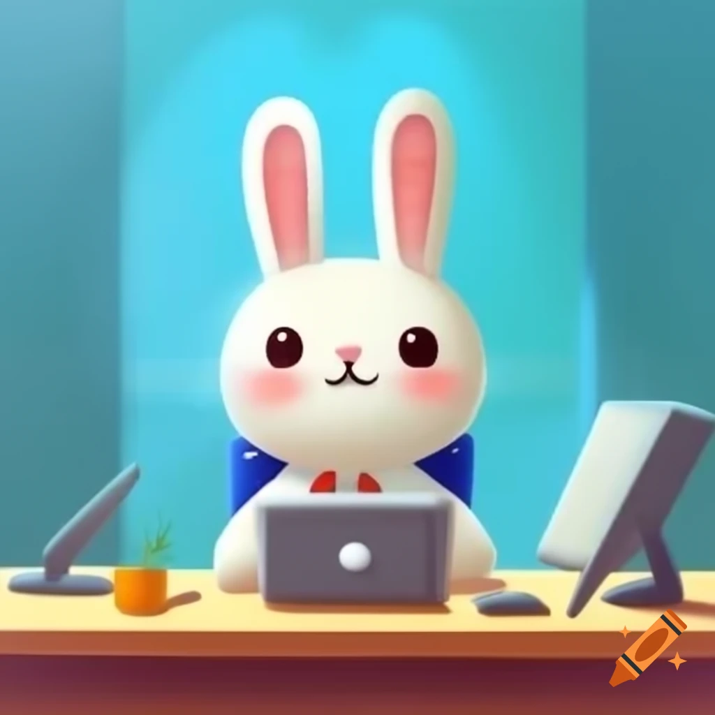 Adorable bunny rabbit programming at a computer terminal on Craiyon