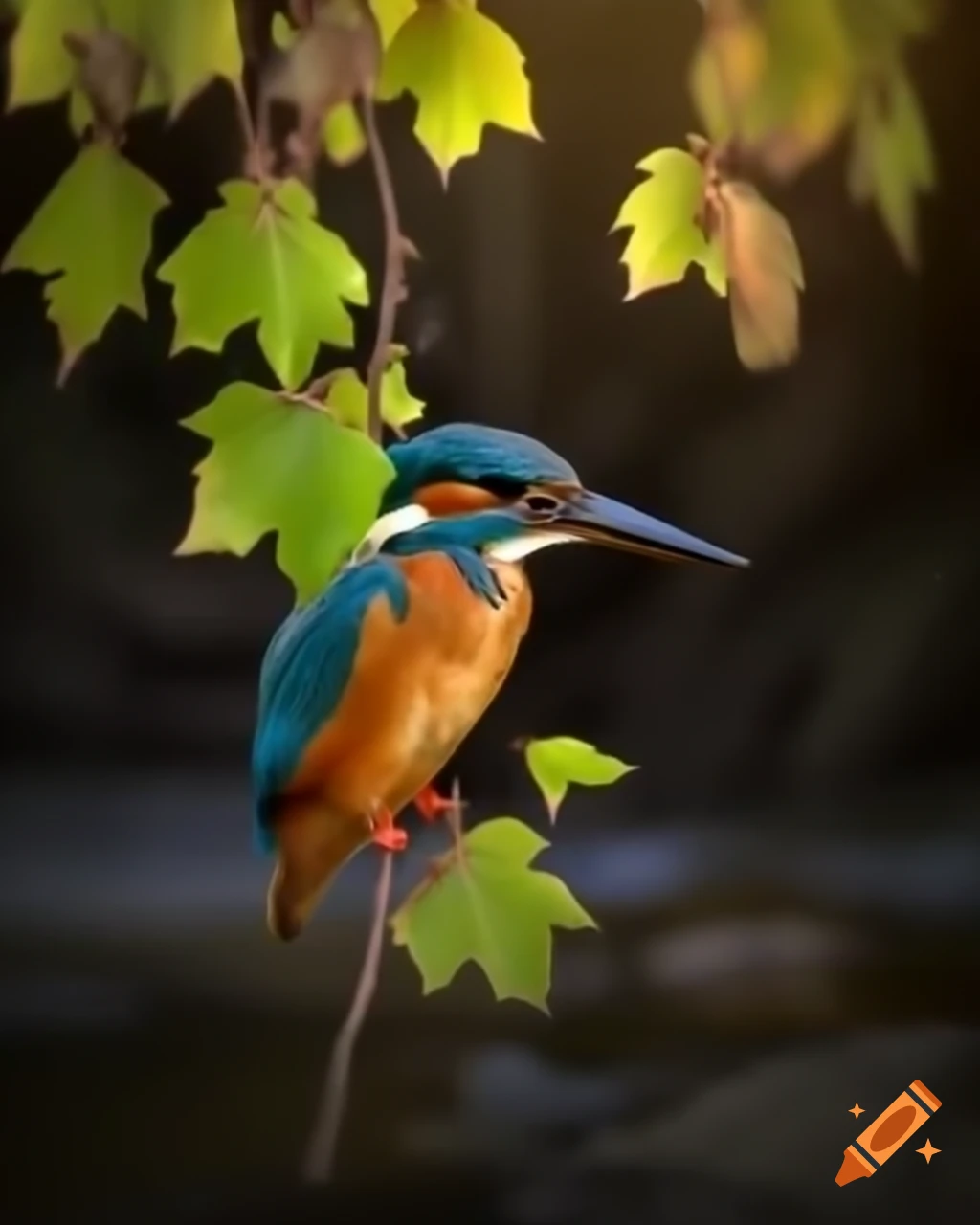 Kingfisher perched on alder branches over a stream in warm morning light