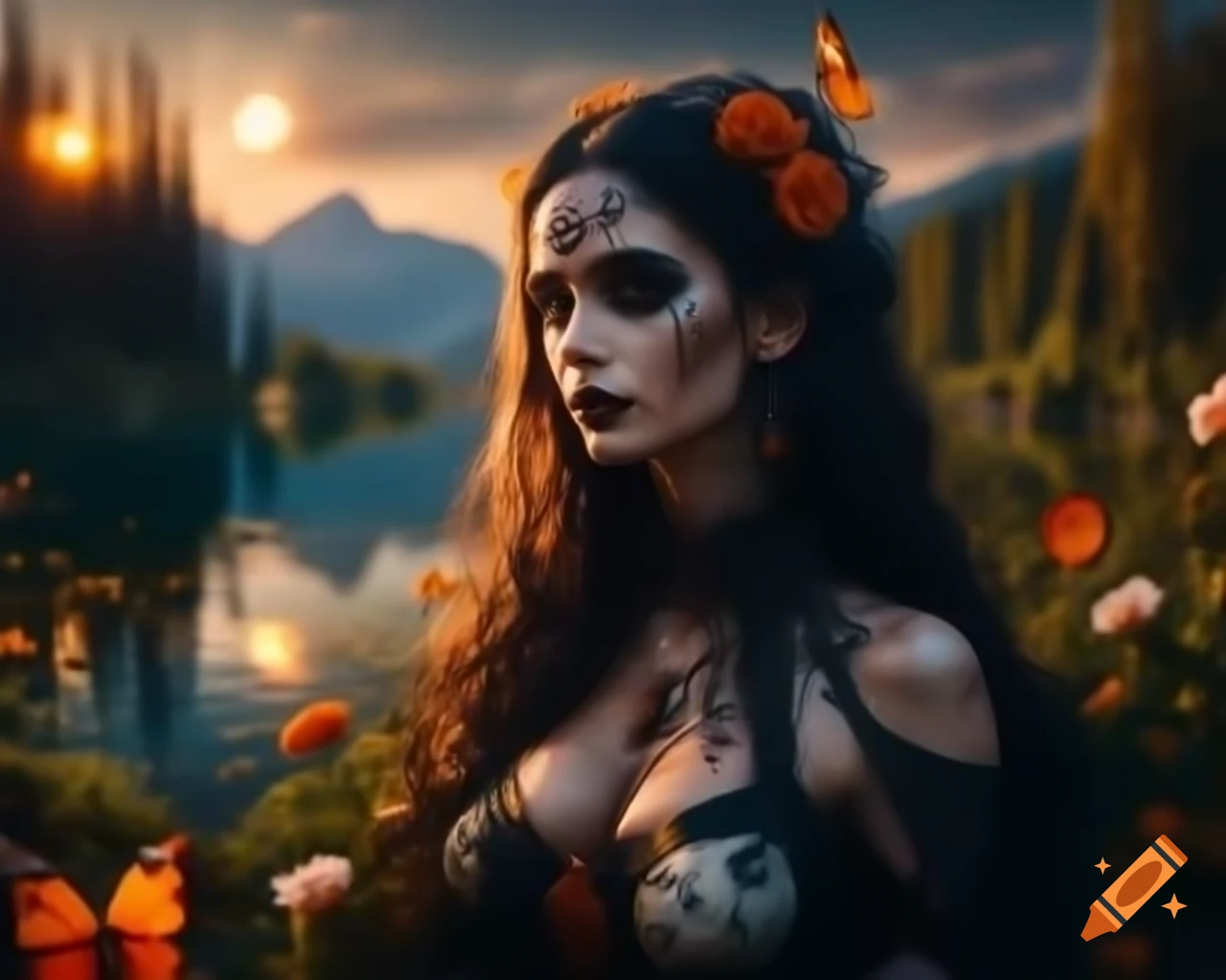 Hyperrealistic octane render of Gothic woman with flowers and butterflies in hair