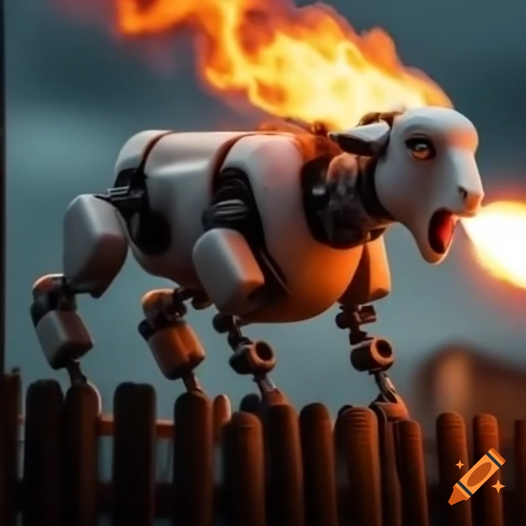 Robotic sheep with flamethrower jumping over a fence