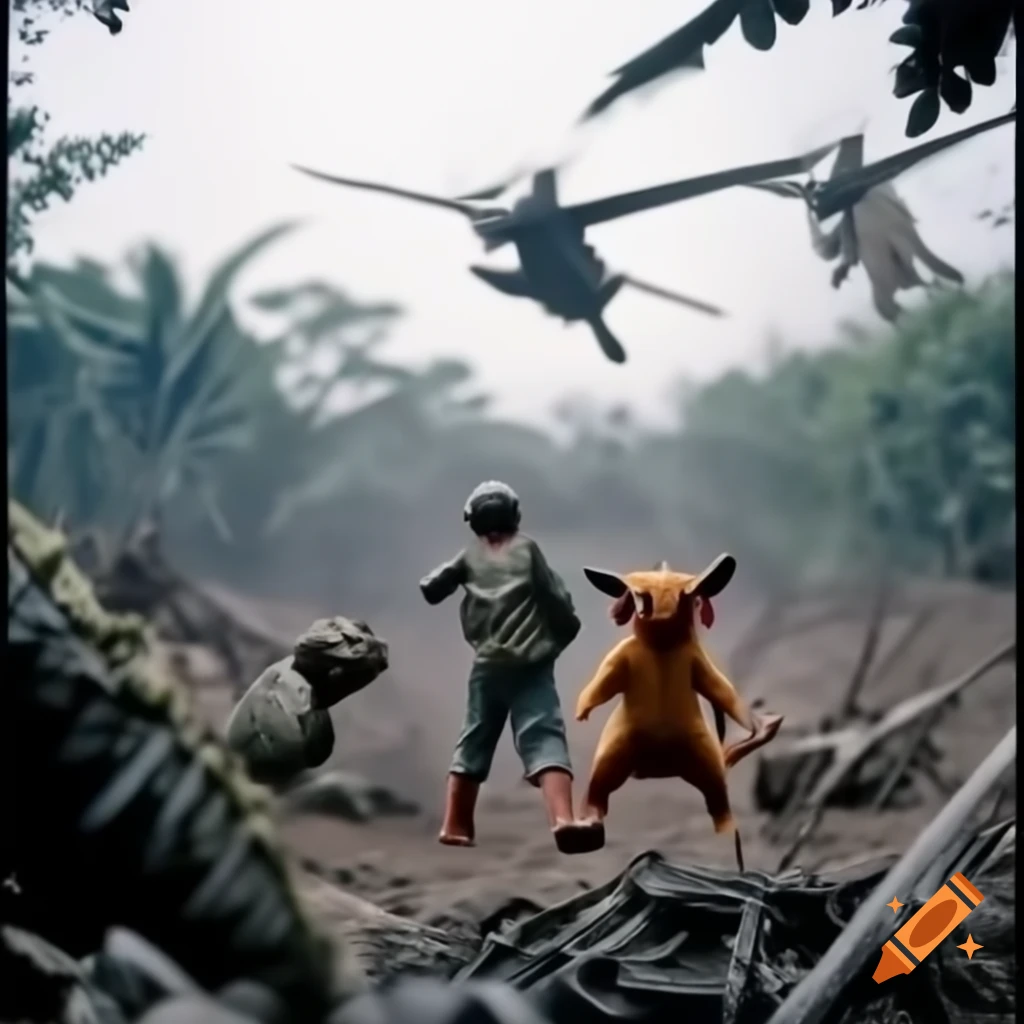 Pokémon battle in 1960s Vietnam jungle setting