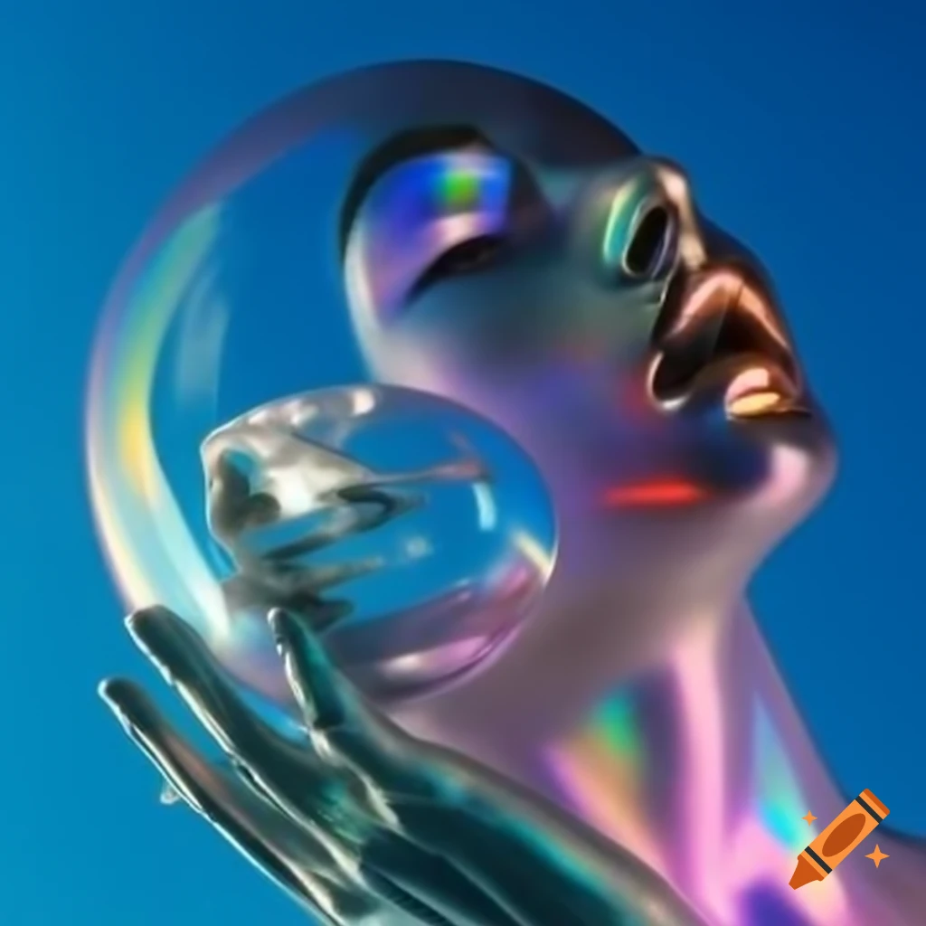 Pop surreal photography featuring iridescent glass statue