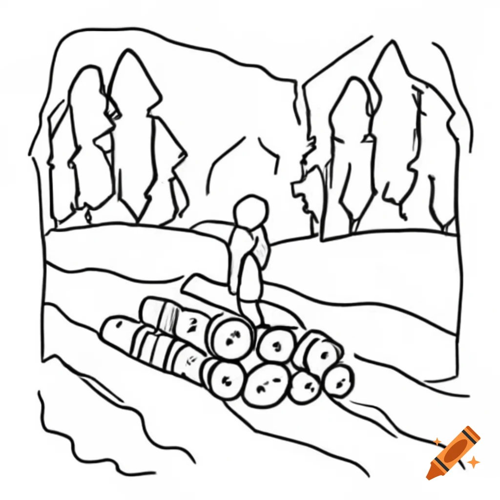 Child-like illustration of a production forest with logs piled in front