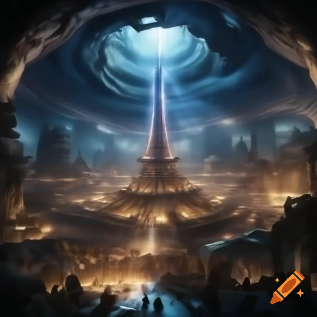 Subterranean metropolis with luminous energy beams and towering structures