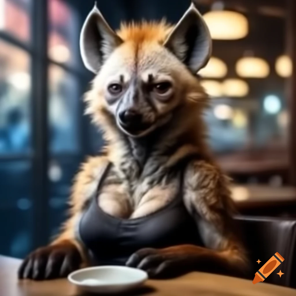 Anthro hyena character sitting in café wearing modern attire