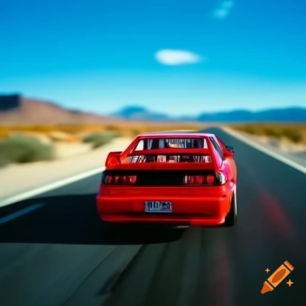 Toy red M3 E36 driving through desert against blue sky