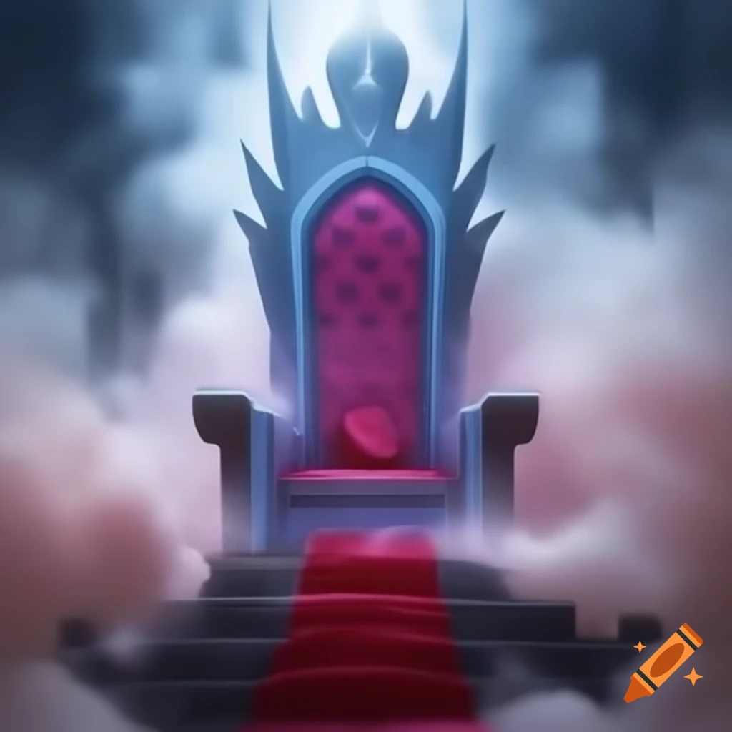 Massive royal throne in mist with a round man in party hat looking