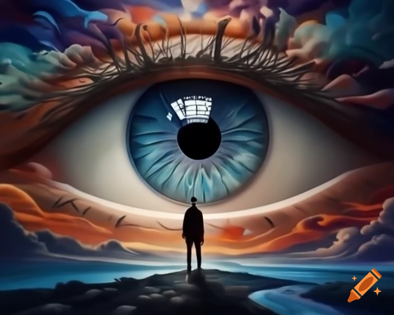 Surreal illustration of a large eye in a collage style