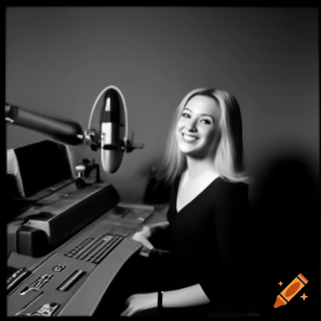 Young blonde woman in radio studio behind microphone, smiling naturally
