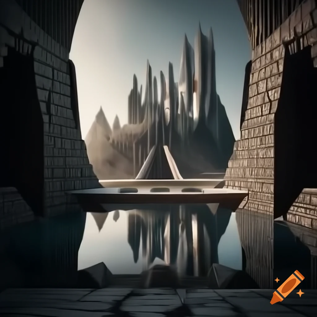 Medieval landscape blending historical elements with constructivist abstraction, low angle view