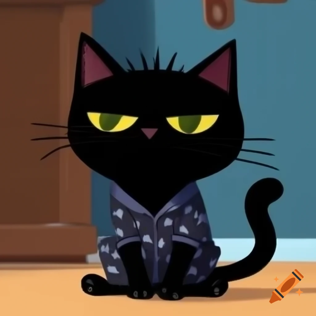 Cartoon art of black cat wearing pajamas
