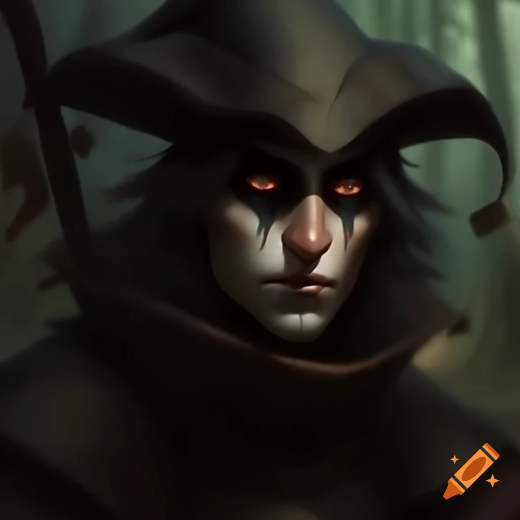 Dark medieval bandit wearing jester hat in the woods