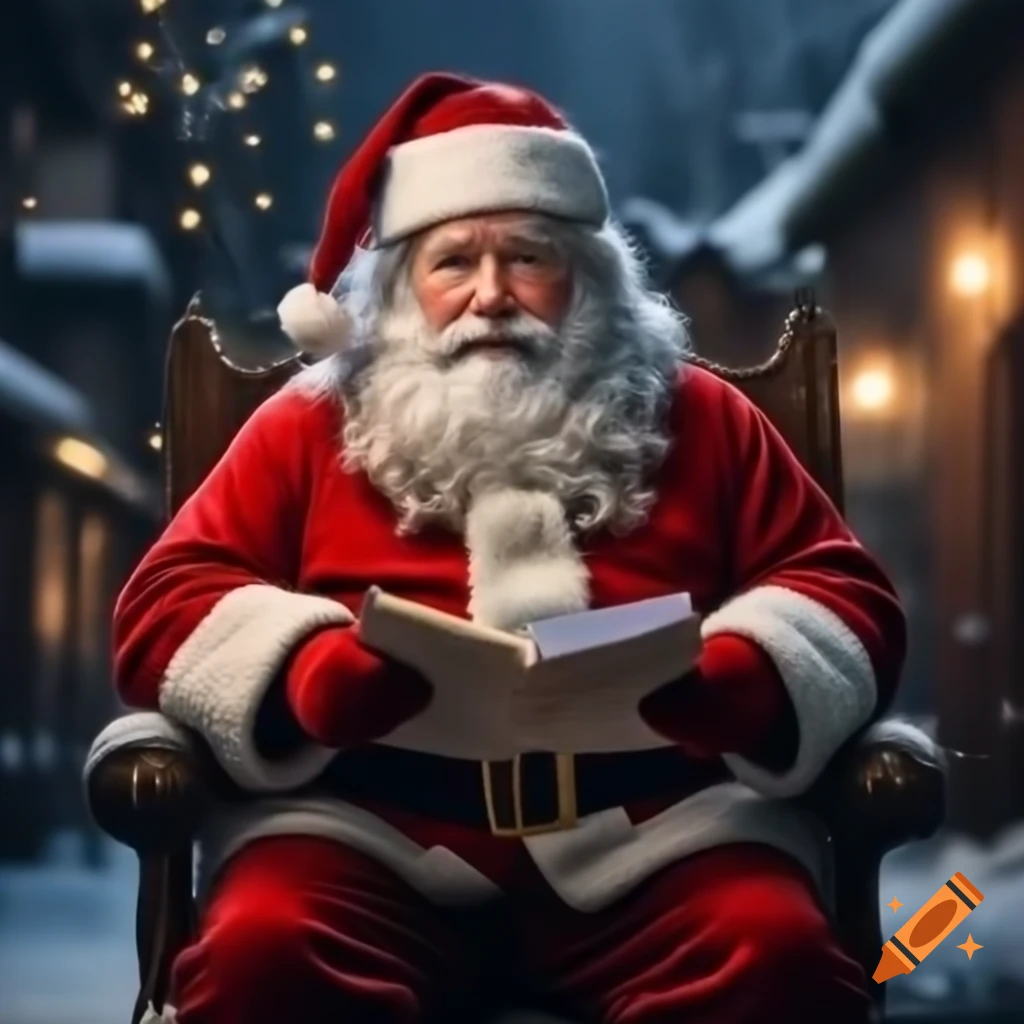 Santa Claus in cozy winter scene with falling snow