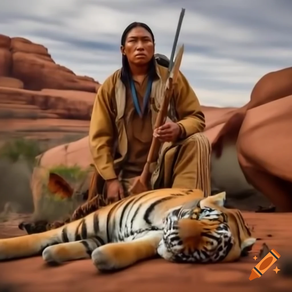 Native American chief in Moab, Utah, hunting a Bengal tiger