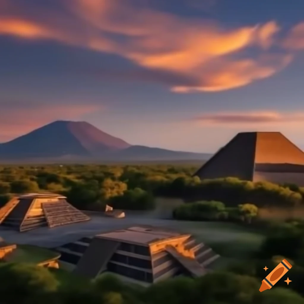 Person walking away from ancient Teotihuacan into a dark forest at dawn